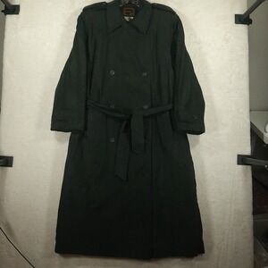 Vintage 80's 90's Silk Double Breasted Trench Coat Black Belted Quilted Lining